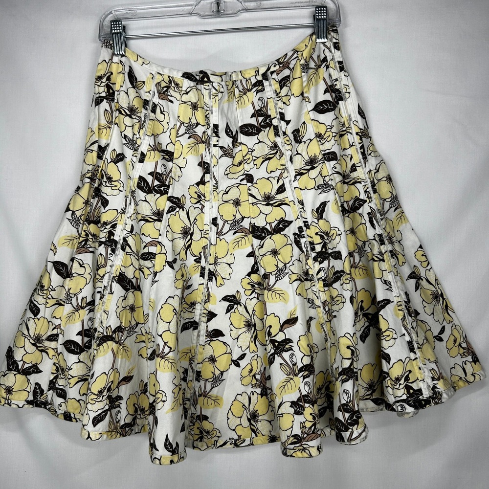 Vintage Y2k Intentions Yellow Floral A-Line Midi Skirt White Brown Size 12